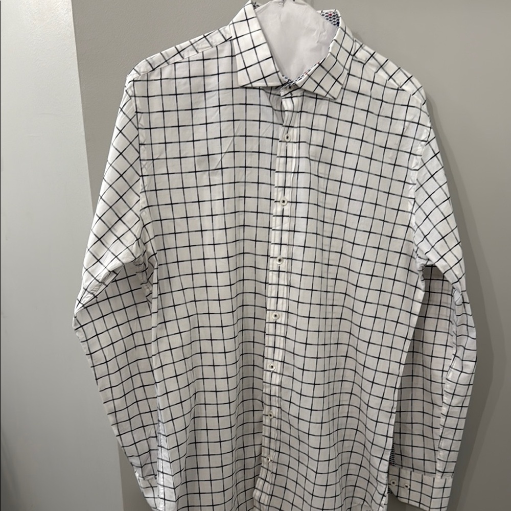 Bugatchi Men’s XL White and Black Checkered Shirt Dress Button Down 100% Cotton